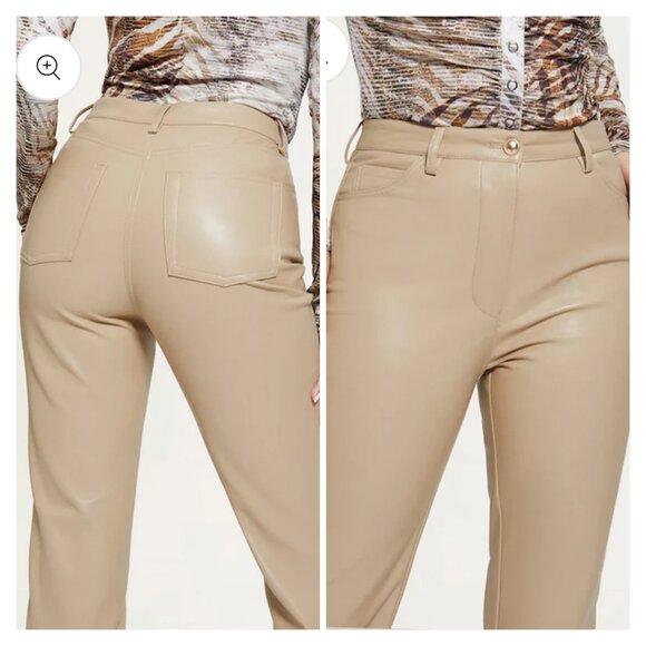 Guess Kelly Faux- Leather Straight- Leg Taupe Pants - Picture 2 of 9